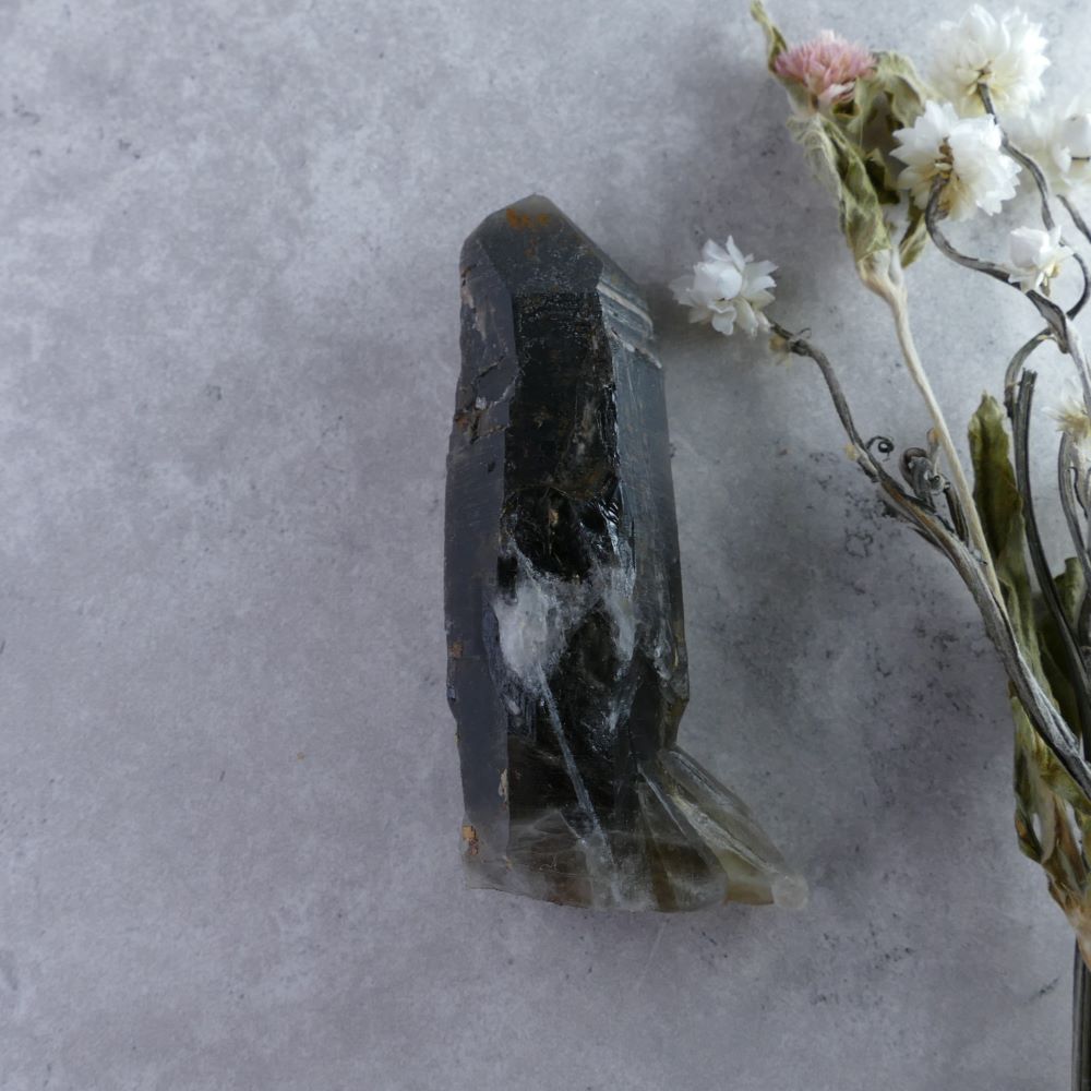 Crystal Healing Tool - Dumi's Crystals (96g). Irradiated Smoky Quartz Cluster (2.3cm x 8.3cm x 3cm). Deep smoky hues & amplified energy for grounding & self-discovery.