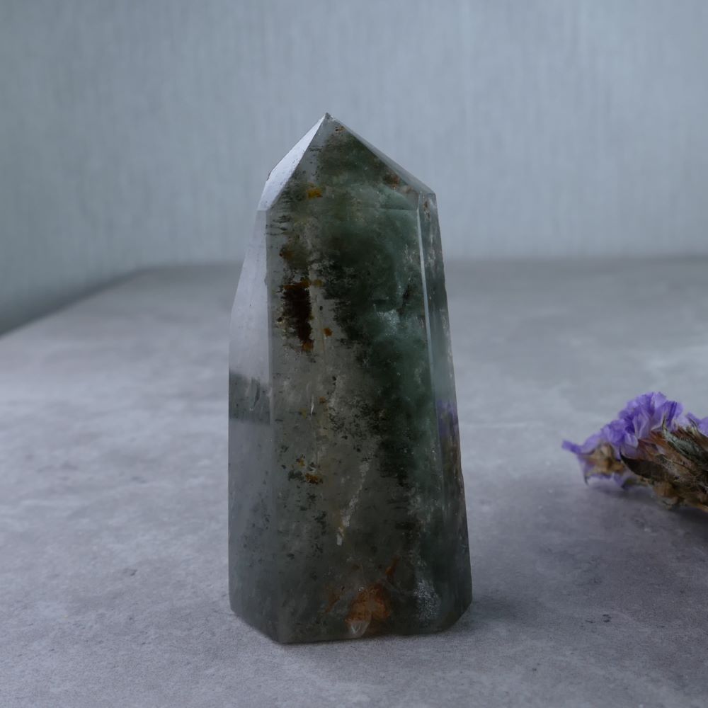 Lodolite Tower - Dumi's Crystals (5.6cm, 41g). Slender and captivating, this Garden Quartz tower invites you to explore its hidden beauty.