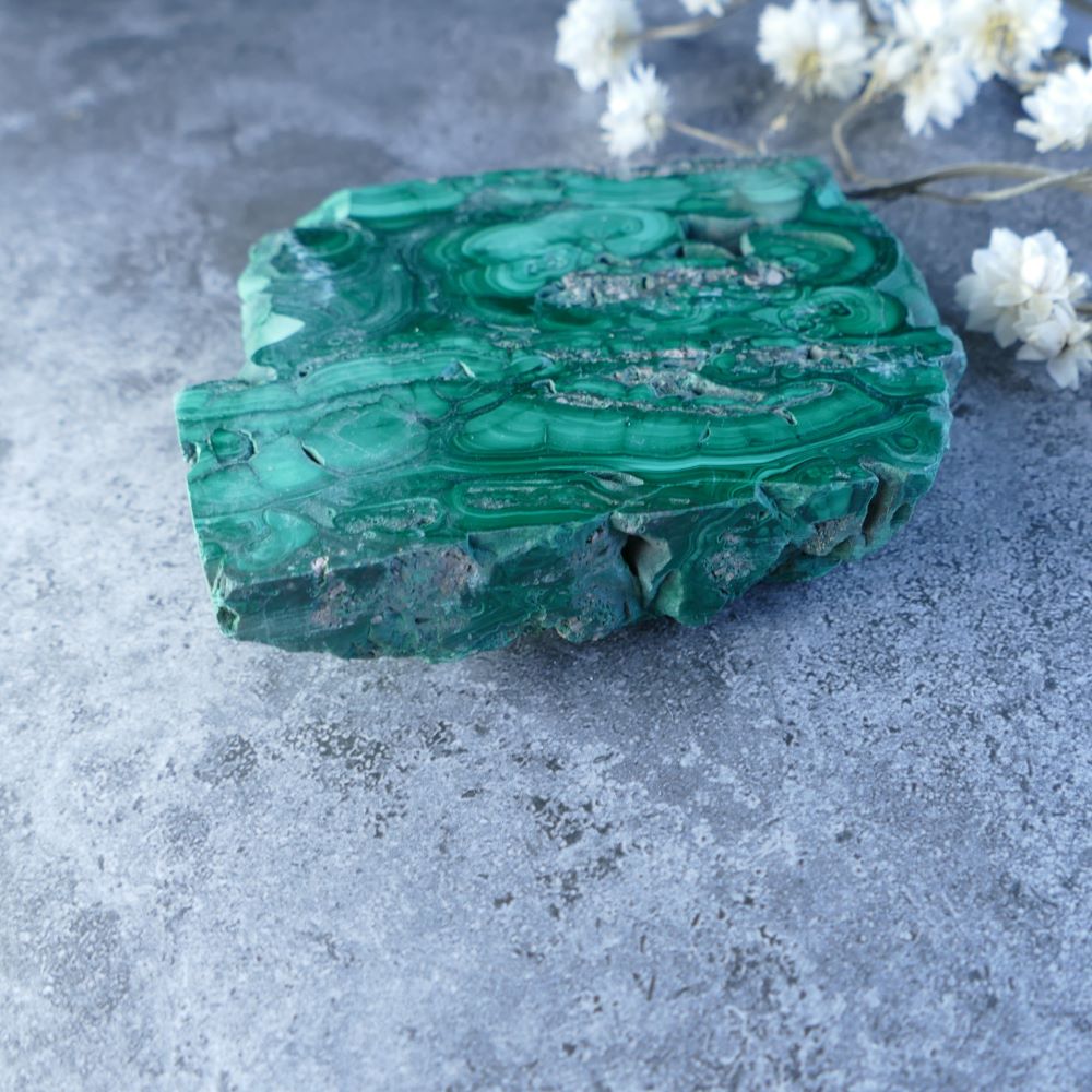 Dumi's Crystals - Polished Malachite for Growth (8cm x 8.5cm x 1cm). Duality of beauty & power! Polished green & natural malachite promote emotional balance, protection, and a transformative journey.