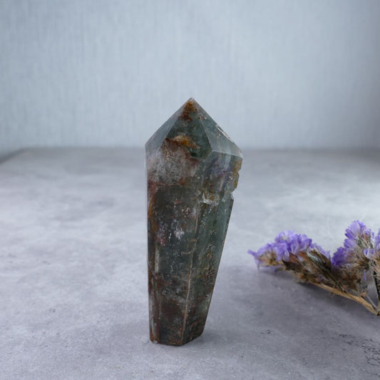 Elegant Garden Quartz Tower (5.9cm, 38g) - Dumi's Crystals. Nature's artistry in a tower. Unique shape with wider top (2.7cm x 2cm) and narrow base (1.5cm x 1.2cm).