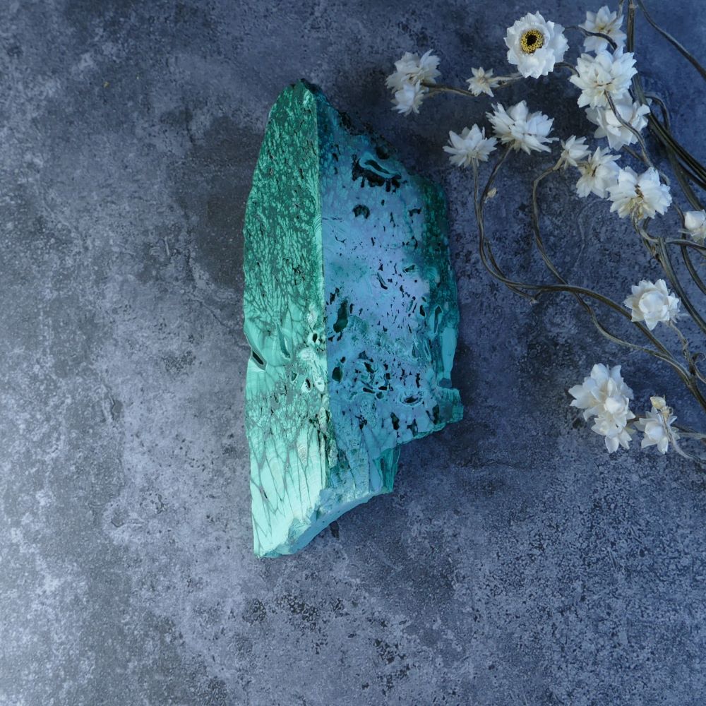 Dumi's Crystals - Malachite for Crystal Lovers (11cm, 3.5cm, 4.3cm, 5.5cm sides). Geometric Malachite Prism! Raw beauty & mesmerizing green hues. A must-have for healers & collectors.