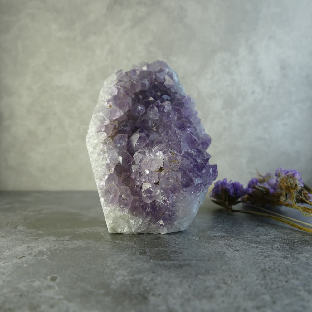 Dumi's Crystals | Lavender Amethyst Cluster (8.9 x 6.3 x 6.3cm) | A close-up view of the intricate crystals within the Lavender Amethyst Cluster. Each cluster is a unique masterpiece of nature, with calming lavender and purple hues.