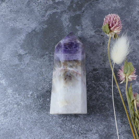 Amethyst, White Quartz, and Smoky Quartz tower (8.3cm) for healing, balance, and spiritual growth. Ideal for meditation or home decor.
