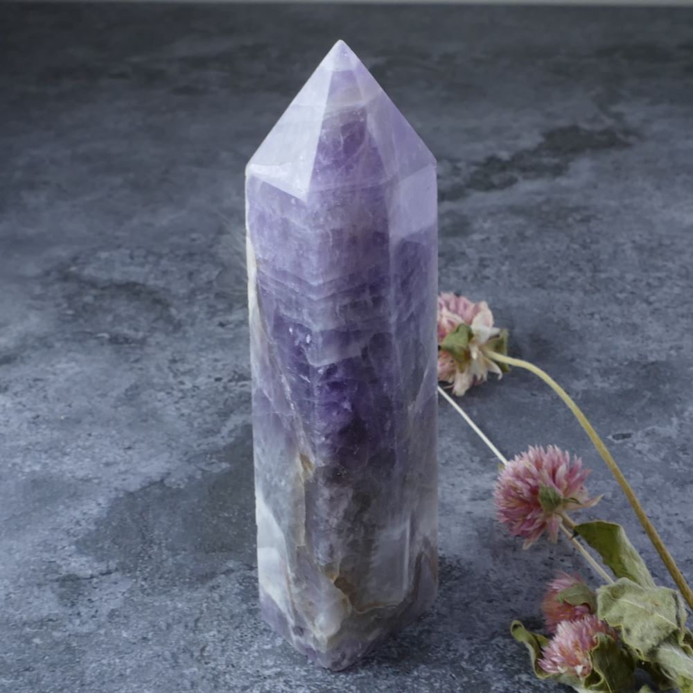 Desk or Meditation Gemstone (Chevron Amethyst): Dumi's Crystals Tower (10.2cm x 2.5cm x 2.5cm). Promotes spiritual growth & protects.