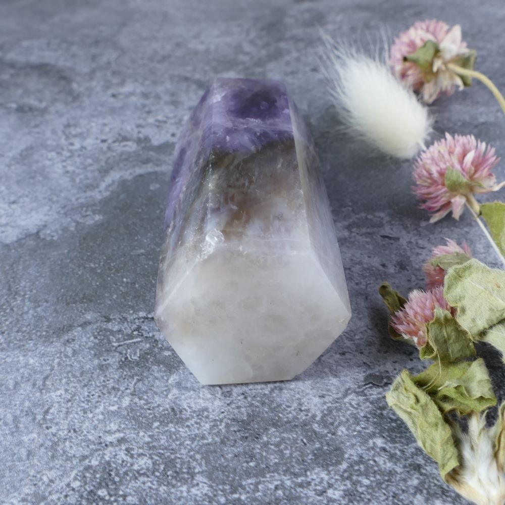 Spark Spiritual Growth (Amethyst, Smoky Quartz, White Quartz): Dumi's Crystals Triple Power Tower (8.1cm x 2.9cm x 3.1cm). Fosters balance & harmony.