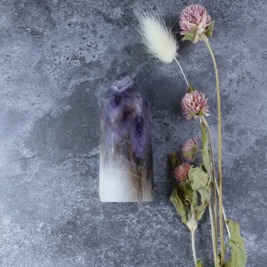 Dumi's Crystals Triple Power Tower (Amethyst, Smoky Quartz, White Quartz) - Balance, Growth & Transformation (8.1cm x 2.9cm x 3.1cm). Exquisite design, potent energy.