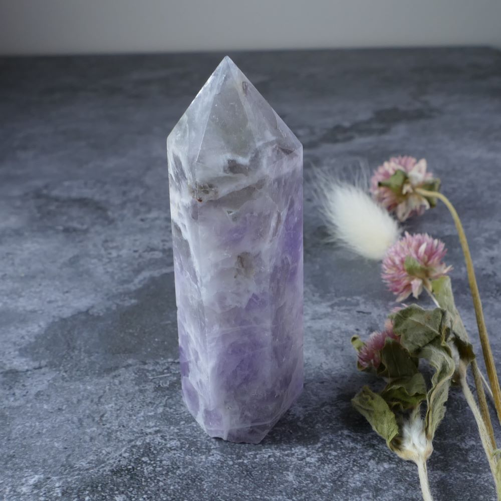 Dumi's Crystals: Amethyst & Quartz Tower (79g) for inner peace, focus, and spiritual awakening.