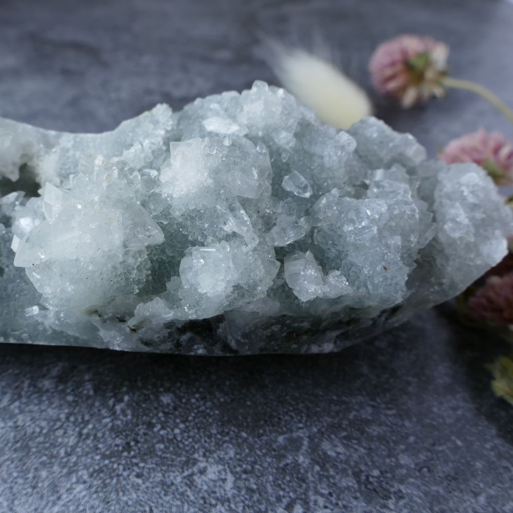 Meditation & Positivity (Apophyllite & Chalcedony Cluster): Dumi's Crystals. Enhances focus & dispels negativity (Approx 11cm long).