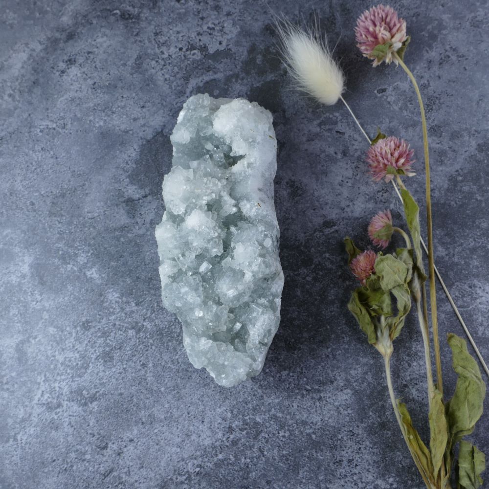 Dumi's Crystals: Apophyllite on Chalcedony Cluster (4.5 x 3.6 x 11cm, 215g). Spiritual Growth, Balance & Protection. High vibrations, calming energy.