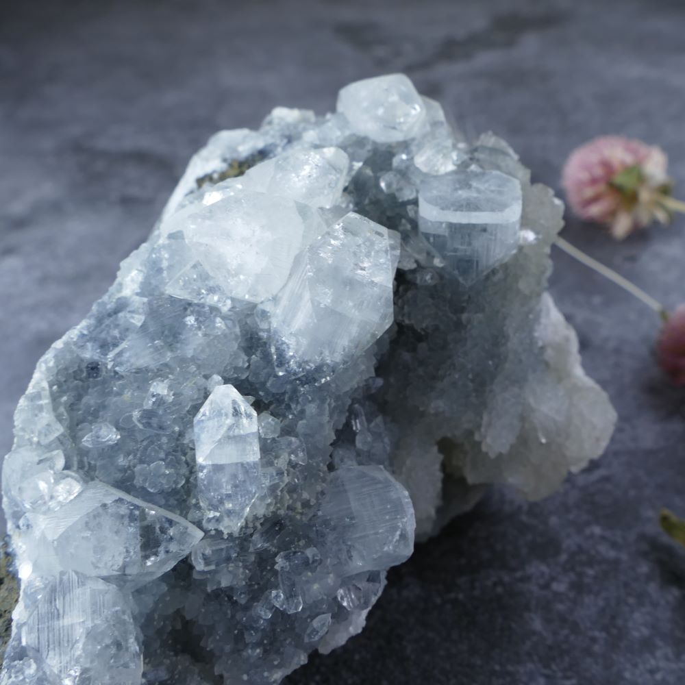 Desk Crystal (Large Apophyllite & Chalcedony): Dumi's Crystals (350g). Enhances focus & positivity (Approx 3.7cm long).