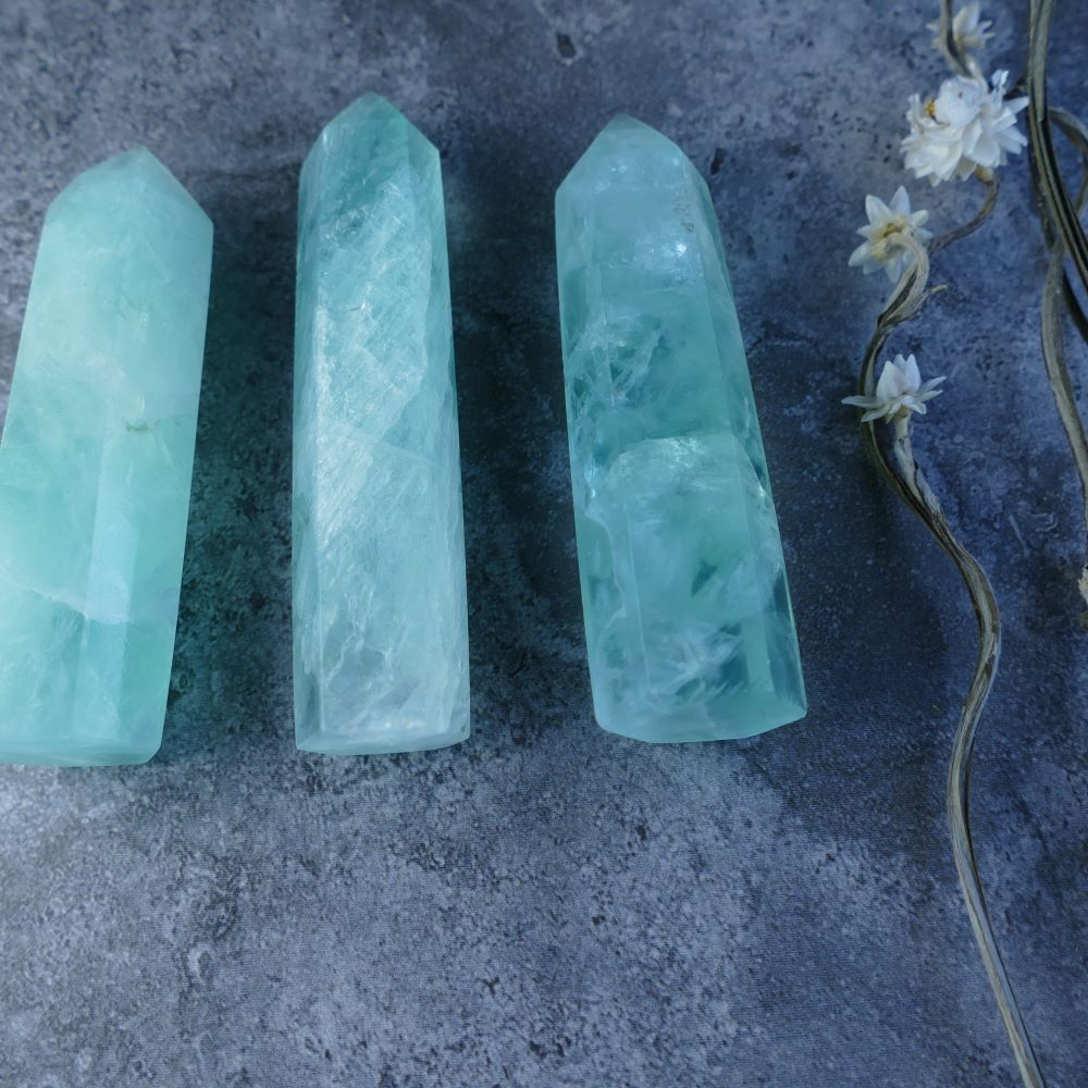 Unique Home Decor (Baja Blast Fluorite Towers): Dumi's Crystals (Choose Size/Weight). Captivating blend of colors, promotes serenity (Multiple towers available).
