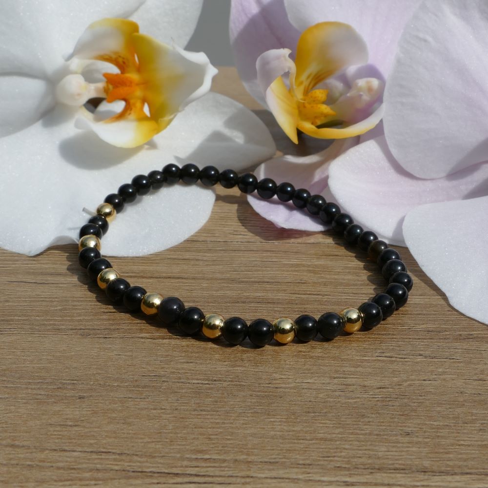 Dumi's Crystals Black Obsidian Bracelet (4mm beads) with Gold Accents. Genuine black obsidian & gold beads for balance, clarity & spiritual growth.