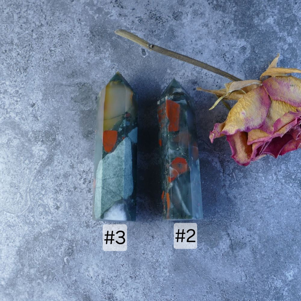 African Bloodstone Power (Single Tower): Dumi's Crystals (Choose Weight/Height). Promotes courage, detoxification & inner peace (Approx 6.7-7.9cm).