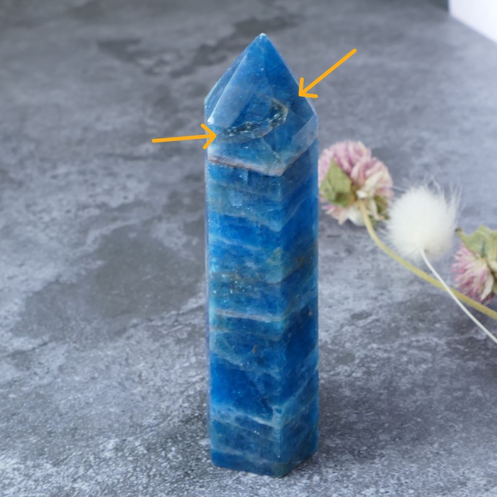 Blue Apatite for Inspiration (Tower): Dumi's Crystals (82g). Height: 8.3cm. Stimulates creativity, communication & growth. Each unique piece inspires.