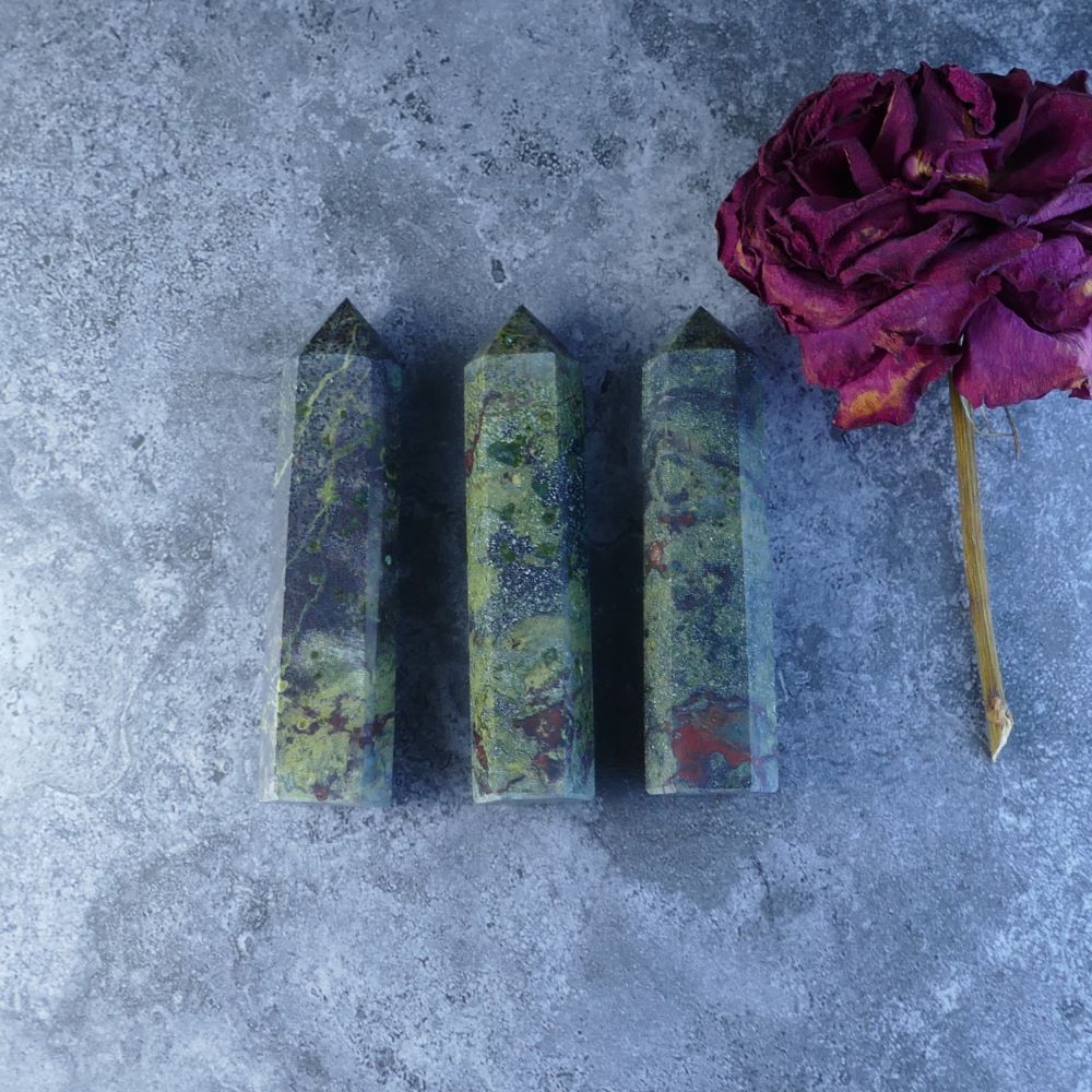 Dumi's Crystals: Dragon Blood Jasper Tower (Limited Stock). Strength, Creativity & Growth. Vibrant red & green hues (Approx 55g, 8-8.5cm).