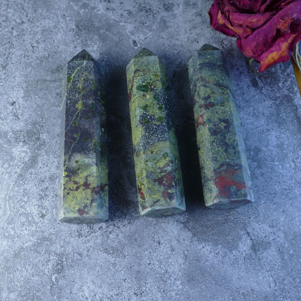 Crystal for Overcoming Challenges (Dragon Blood Jasper Tower): Dumi's Crystals (Limited Stock). Enhances resilience & perseverance (Approx 8-8.5cm tall).