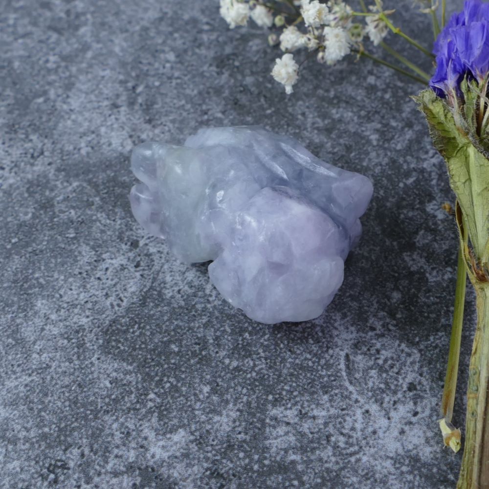 Dumi's Crystals | Fluorite Bunny Carving (Higher Awareness): An adorable Fluorite Crystal Bunny Carving, gazing upwards. Fluorite resonates with the upper chakras, facilitating spiritual growth & higher awareness. Let this bunny guide you on your journey. Ethically sourced crystals from Dumi's Crystals.