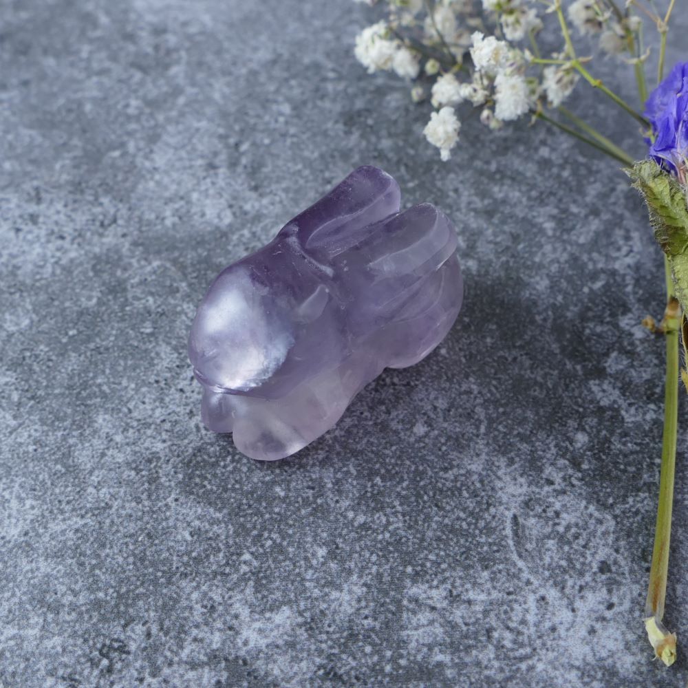 Dumi's Crystals | Fluorite Bunny Carving (Whimsical Focus): A playful Fluorite Crystal Bunny Carving, a reminder to focus with a touch of whimsy. Fluorite enhances mental clarity & intuition. This bunny invites creativity & a joyful approach to life. Ethically sourced crystals from Dumi's Crystals.