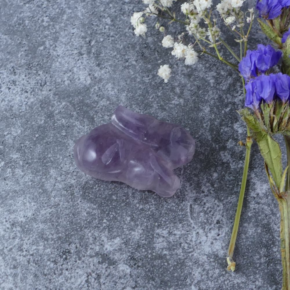 Dumi's Crystals | Fluorite Bunny Carving (Inner Spark): A captivating Fluorite Crystal Bunny Carving, its colors swirling with vibrant energy. This symbol of mental clarity & focus awakens your inner spark. Embrace your creativity with Dumi's Crystals (ethically sourced).