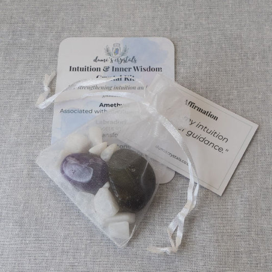 intuition crystal pouch with cards on white background