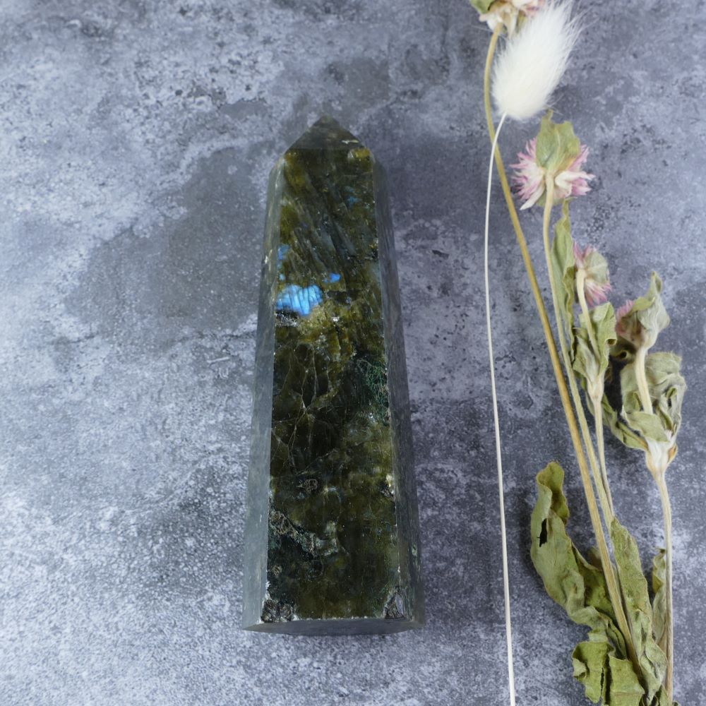 Embrace Transformation (Labradorite): Dumi's Crystals Tower (12cm). Awakens intuition, promotes growth & protects. Each piece captivates with colour play.