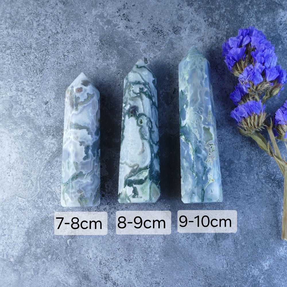Dumi's Crystals - Moss Agate Tower - Bring the tranquility of nature into your home with a Moss Agate tower. Promotes peace, balance, and a connection to the earth.