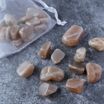 Dumi's Crystals | Peach Moonstone Chips (1-2.5cm) | Close-up of a collection of genuine Peach Moonstone chips, highlighting their soft peach color and variations in texture. Peach Moonstone is revered for its ability to promote emotional healing, intuition, and self-discovery.
