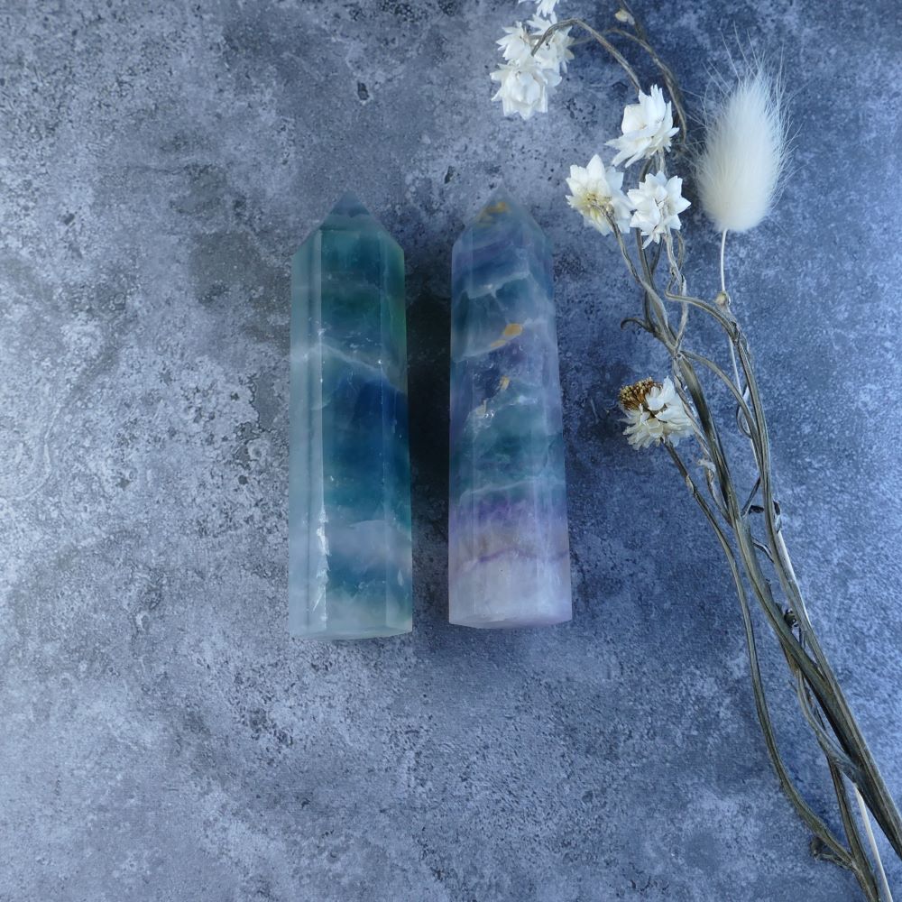 Healing Crystal Tower - Fluorite tower in a spectrum of colors. Known for its ability to clear negativity, promote focus, and support emotional balance.