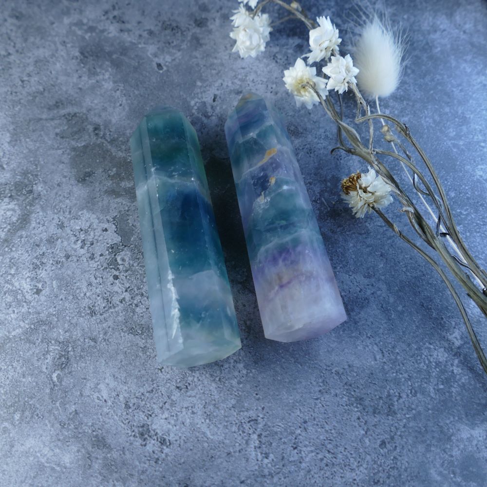 Natural Fluorite Tower - A one-of-a-kind fluorite tower with captivating color variations. Each tower is unique, reflecting the beauty of nature's artistry.