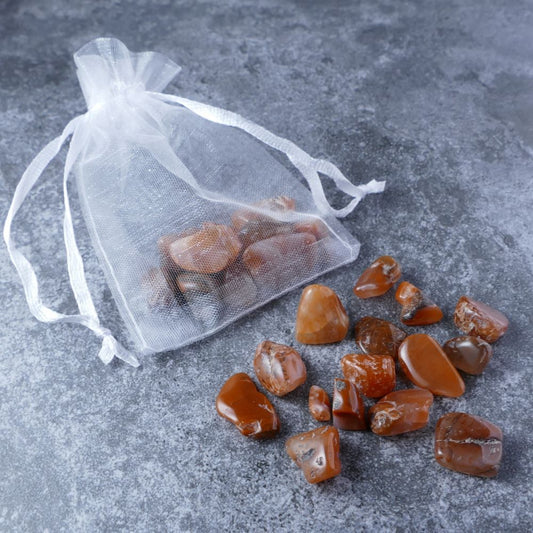 Dumi's Crystals | Southern Red Agate Chips Pouch (20g) | A luxurious organza pouch overflowing with Southern Red Agate chips, showcasing their captivating red hues. Southern Red Agate is known for its energizing properties, promoting passion, confidence, and a connection to your inner fire.