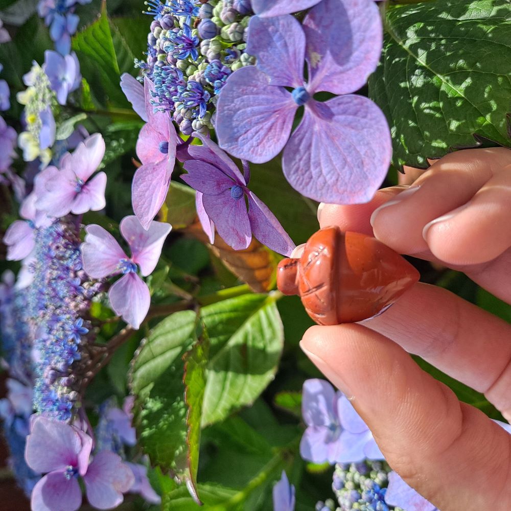 Dumi's Crystals Red Jasper Acorn Carving (26x20mm): Unleash inner fire & tap into the earth's energy. Red Jasper fosters strength, growth & a sense of belonging.