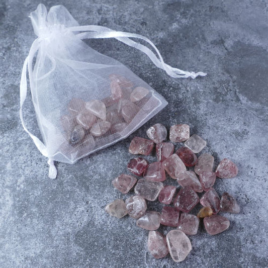 Strawberry quartz chips pouch for love & harmony (20g) | Dumi's Crystals | Cultivate emotional connection, inner peace, and self-love with this Strawberry Quartz Chips Pouch. Genuine chips (1-1.5cm) in a beautiful organza pouch. Promotes empathy, forgiveness, and a gentle release of negativity.