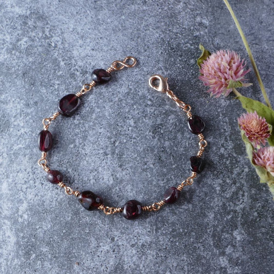 Handcrafted Red Garnet Bracelet with Rose Gold Wire Wrapping | DUMI'S CRYSTALS