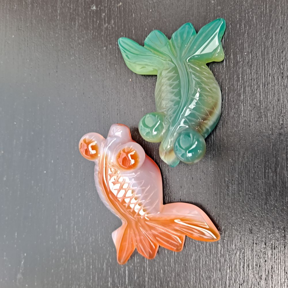 red agate and green agate healing crystals hand carved goldfish\koi dumiscrystals