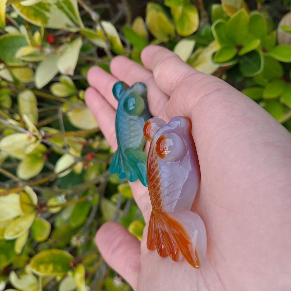 red agate and green agate healing crystals hand carved goldfish\koi dumiscrystals