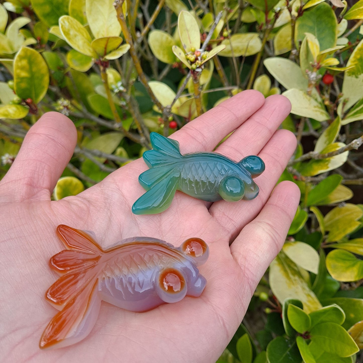 Embrace the Flow: Dumi's Crystals Agate Goldfish Carvings. Unique agate stones for inner peace, good fortune, and a touch of zen.