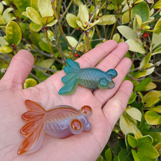 Embrace the Flow: Dumi's Crystals Agate Goldfish Carvings. Unique agate stones for inner peace, good fortune, and a touch of zen. 
