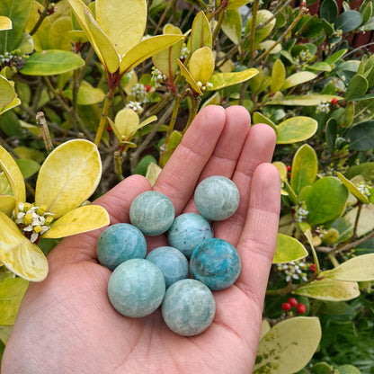 Dumi's Crystals | Amazonite Mini Spheres (20mm) | A collection of captivating Amazonite Mini Spheres, each radiating a unique blend of green and blue hues. These 20mm spheres promote feelings of peace, harmony, and emotional well-being. Perfect for meditation, crystal grids, or carrying with you for a touch of serenity throughout the day.