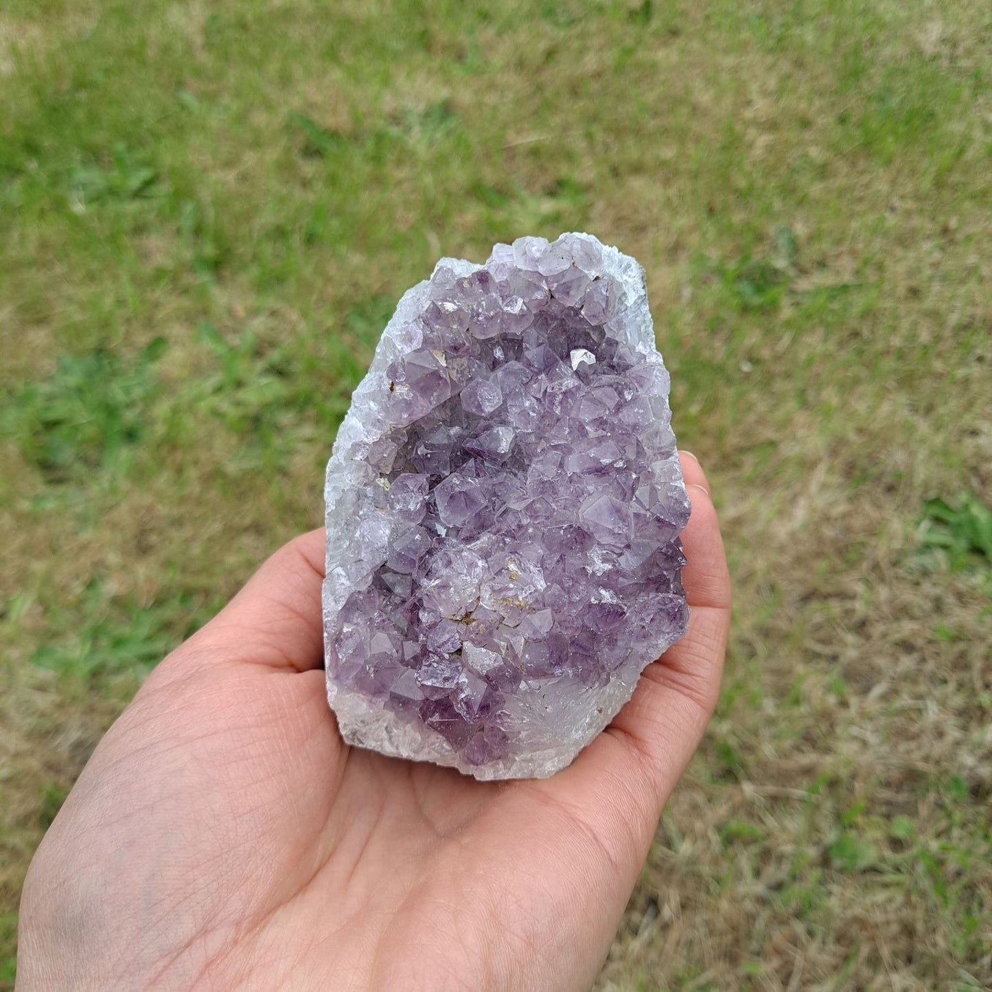 Dumi's Crystals | Lavender Amethyst Cluster (8.9 x 6.3 x 6.3cm) | A Lavender Amethyst Cluster displayed in a living room, radiating a calming energy and creating a tranquil space. This crystal is believed to enhance intuition and spiritual awareness.