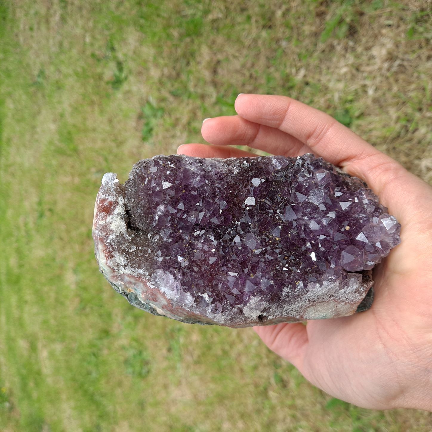 Dumi's Crystals | Amethyst Cluster (10.6cm, Striking) held delicately | Delicately hold this Amethyst Cluster (10.6 x 6.3 x 6.9cm) between your thumb and forefinger. Amethyst is believed to enhance focus, clarity, and spiritual connection.