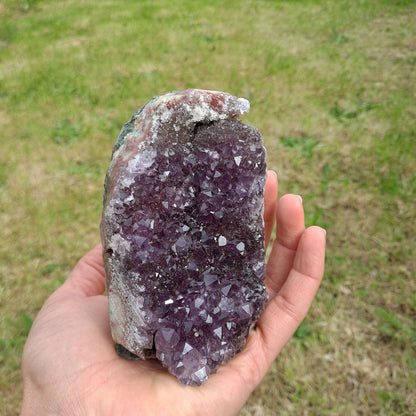 Dumi's Crystals | Amethyst Cluster (10.6cm, Striking) held delicately | Delicately hold this Amethyst Cluster (10.6 x 6.3 x 6.9cm) between your thumb and forefinger. Amethyst is believed to enhance focus, clarity, and spiritual connection.