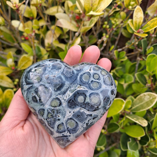 Dumi's Crystals | Largest Kambaba Jasper Heart Carving (Unparalleled Tranquility): A captivating close-up of the largest Kambaba Jasper Heart Carving, showcasing captivating green hues and orbicular patterns. This impressive "Supreme Nurturer" radiates unparalleled grounding energy & emotional balance. Find deep peace with Dumi's Crystals (ethically sourced).