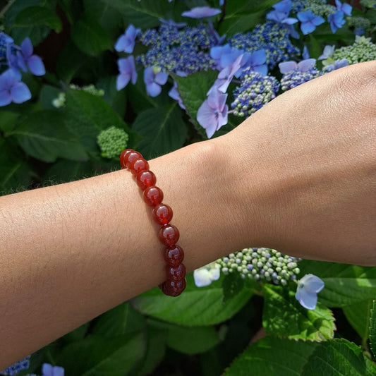 Dumi's Crystals Carnelian Bracelet 8mm beads for Passion & Confidence. Deep red gemstone bracelet for vitality, motivation & creativity. 