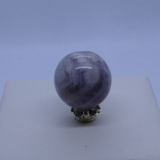 purple dream amethyst mini sphere on a crown stand and white background, seller is dumi's crystals