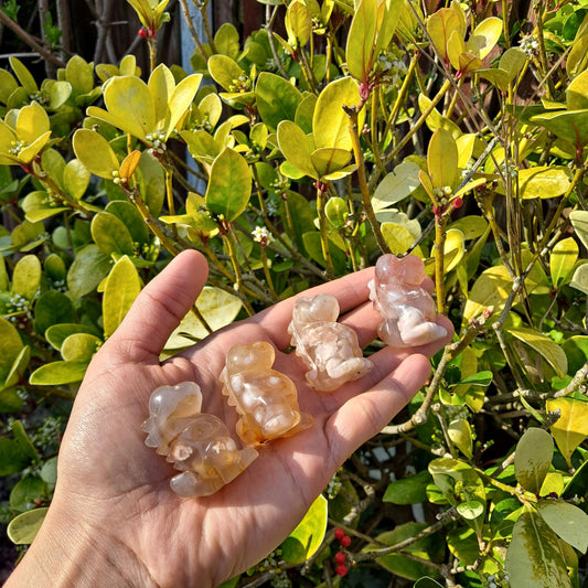Dino Dreams (Multiple): Dumi's Crystals Flower Agate Dinosaur Carvings (40x30mm) - spark wonder, creativity & new beginnings! Each dino with unique floral patterns.