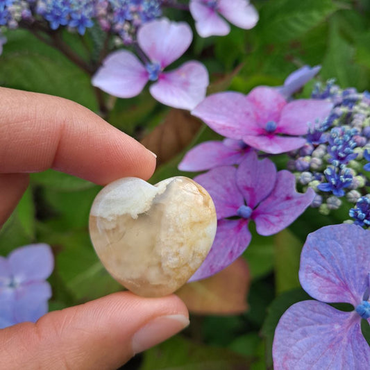 Dumi's Crystals Flower Agate Heart Carving (3cm): Floral beauty radiates love, growth & harmony. Promotes self-compassion & a nature connection. 