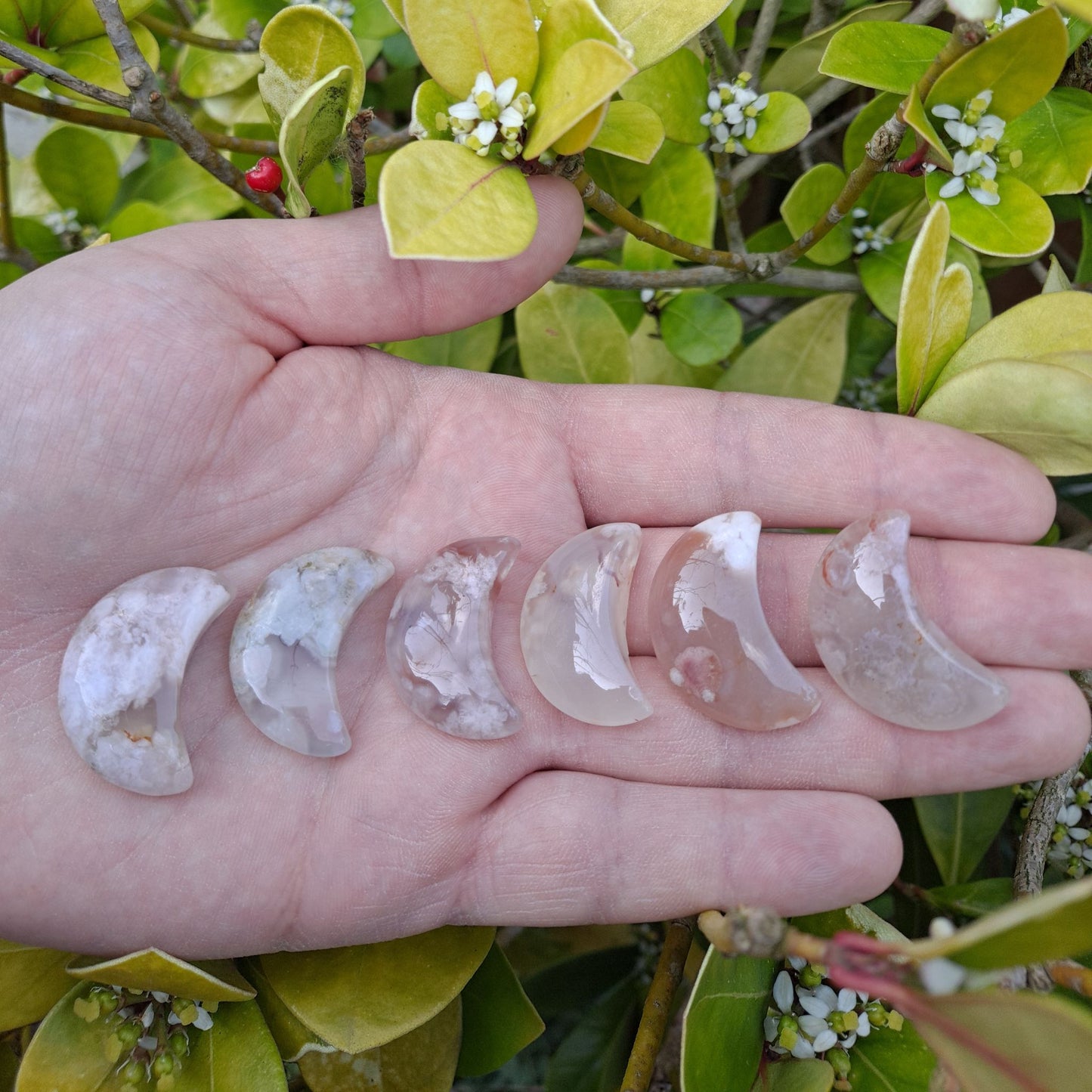 Celestial Tranquility: Dumi's Crystals Flower Agate Moon Carving (3cm x 1.5cm) promotes calmness & emotional well-being. A symbol of new beginnings.