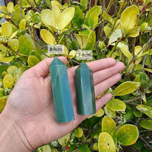 Enhance your crystal collection or invite prosperity into your space with Green Aventurine Towers (7-9cm) | Dumi's Crystals | Available in two sizes for meditation, attracting abundance, or promoting emotional well-being. Green Aventurine is thought to balance your heart chakra and foster a positive mindset.