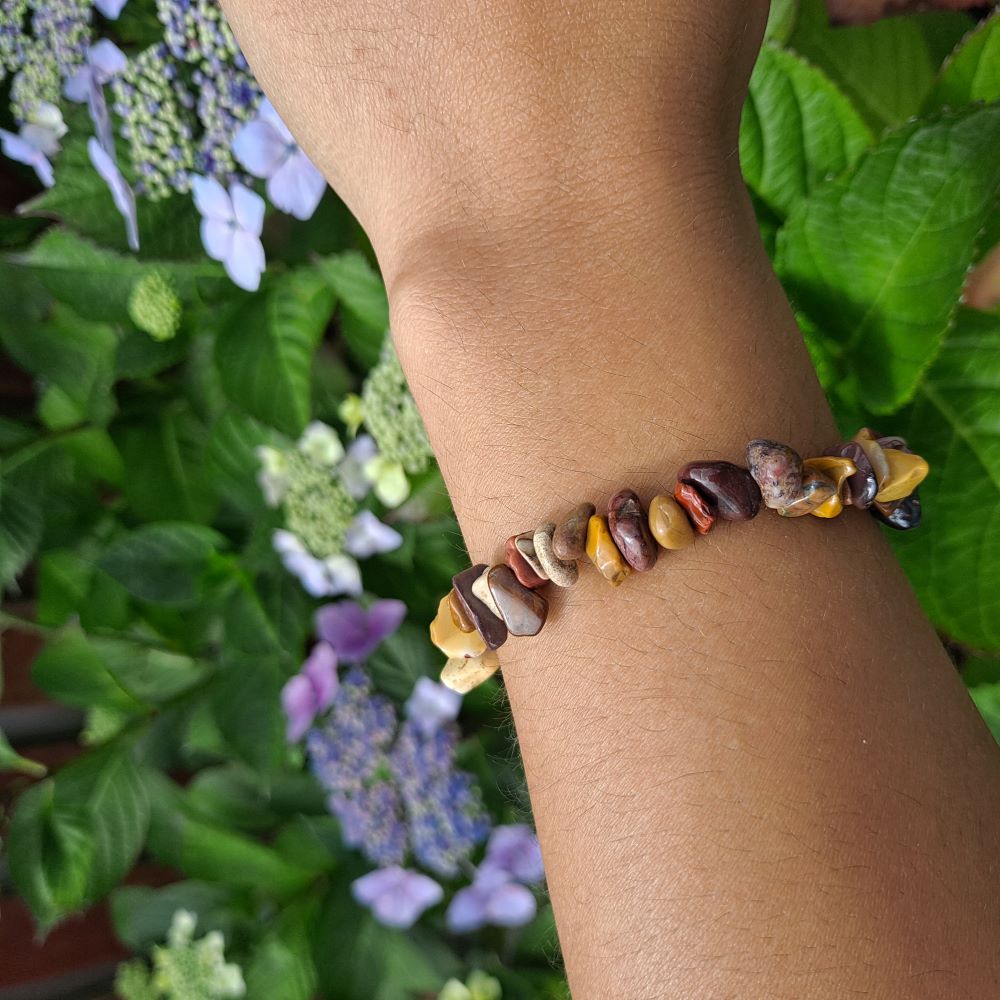 generate 2 alt text descriptions: 1 is a picture of the bracelet worn on a wrist and the other is just the bracelet