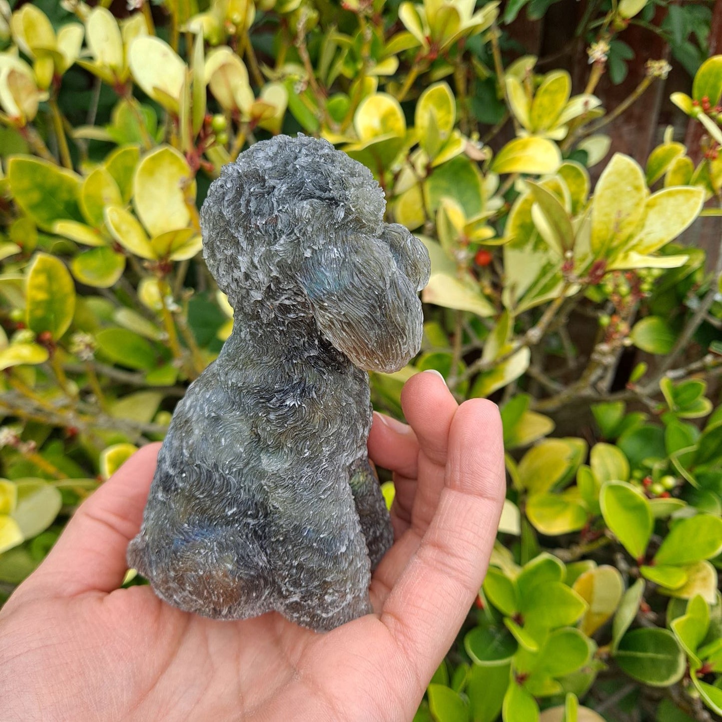Labradorite Poodle figurine. Polished crystal chips encased in resin for a mesmerizing display.